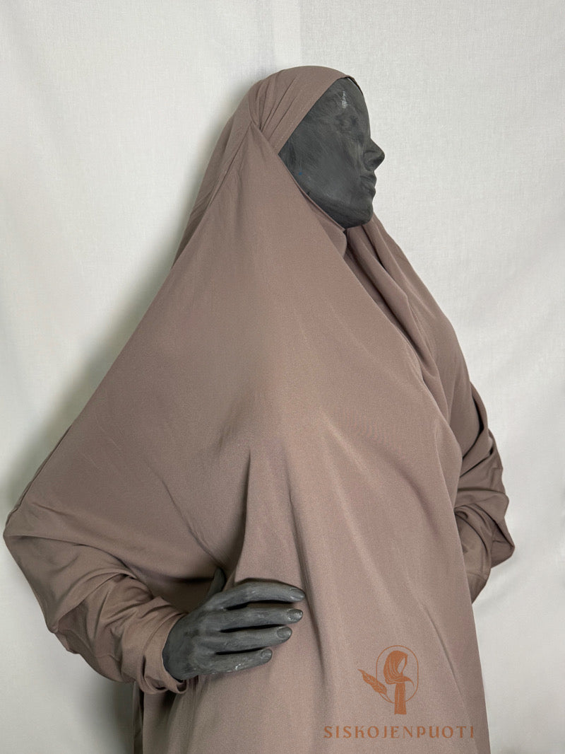 Taupe 2-osainen lycra jilbab – kevyt ja joustava hijab musliminaisille, pysyy hyvin paikoillaan