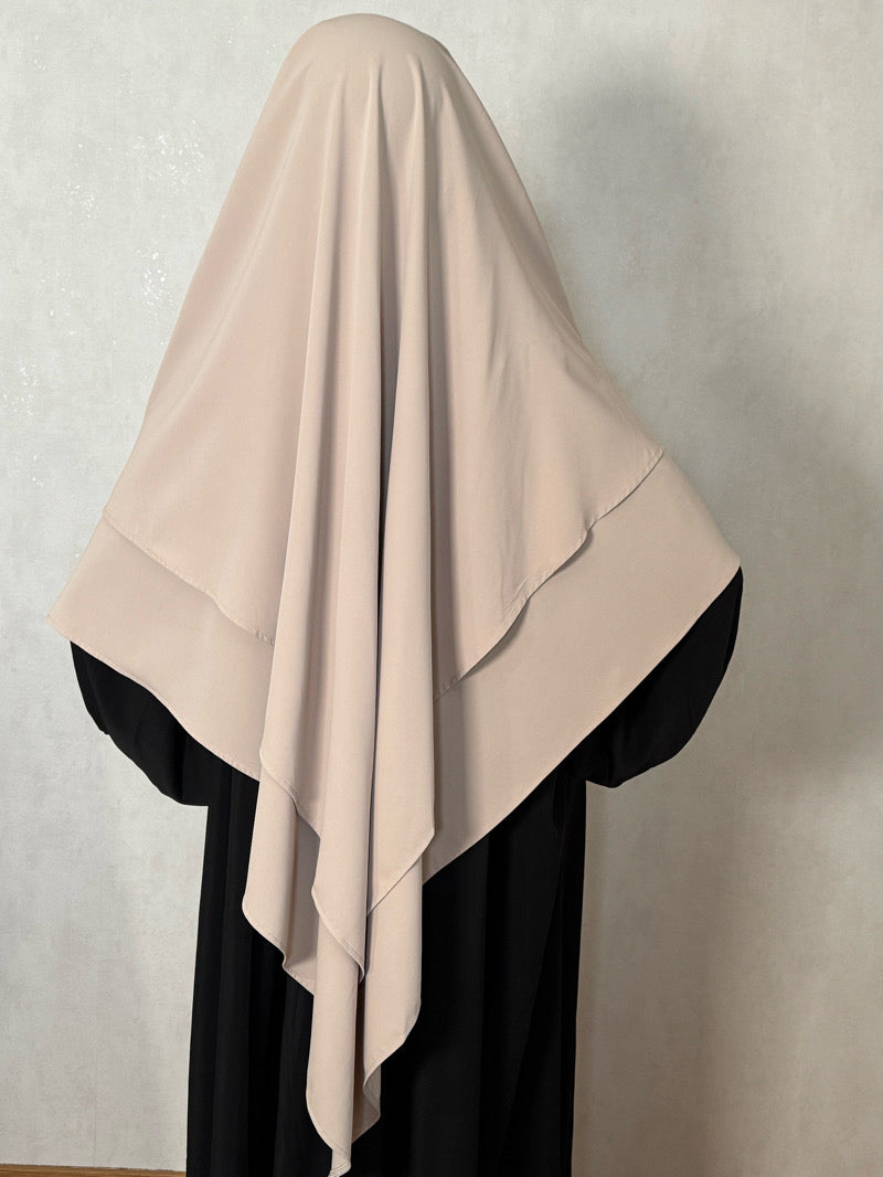Beige 2-kerroksinen khimar niqab nauhoilla – peittävä hijab niqab-nauhoilla musliminaisille