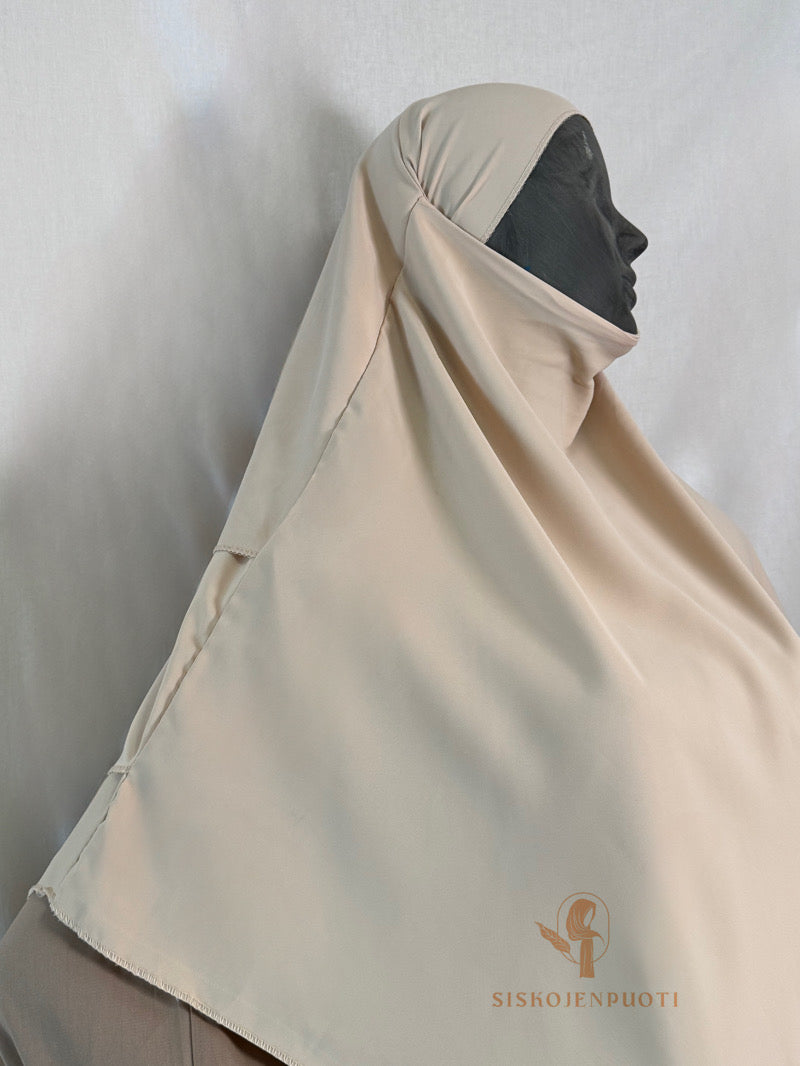 Kolmikerroksinen khimar beige – mukava ja kevyt hijab musliminaisille, täydellinen peittävyys