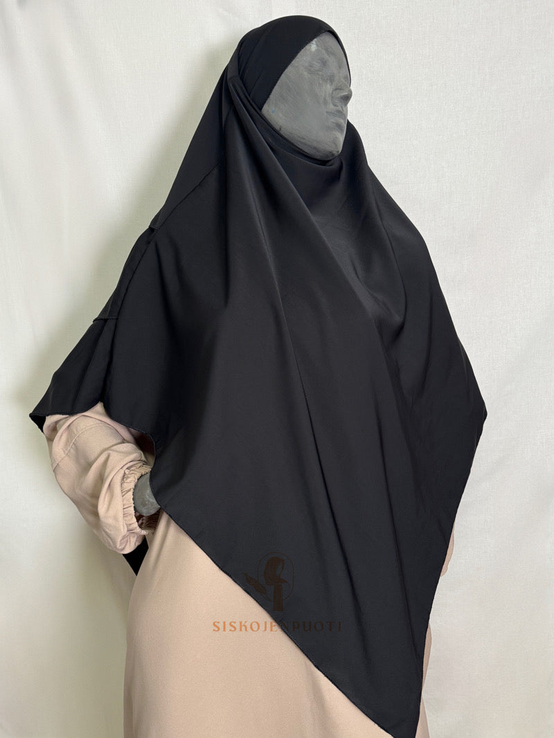 Kolmikerroksinen khimar musta – peittävä ja kevyt hijab musliminaisille, arkeen ja jokapäiväiseen käyttöön