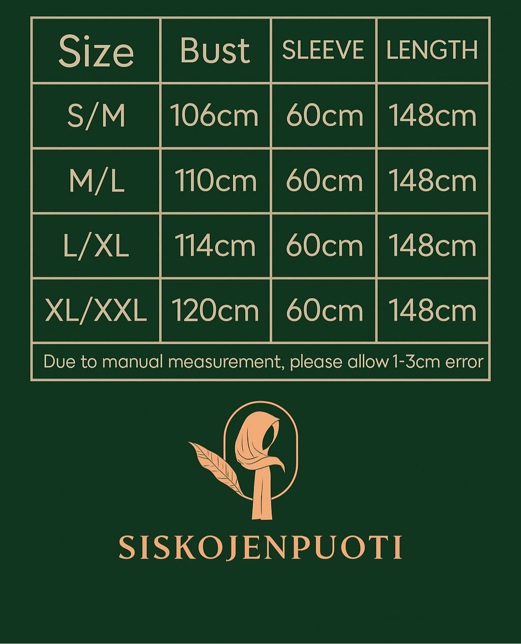 LINA mekko kokotaulukko musliminaisille – opas oikean koon valintaan peittävään hijab-abayaan, saatavilla värit taupe, beige, sininen, lila ja nude, suomalainen verkkokauppa