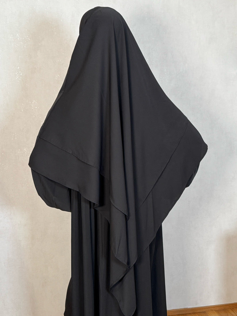 Musta 2-kerroksinen khimar niqab-nauhoilla – napakka ja peittävä hijab musliminaisille arkeen ja juhlaan