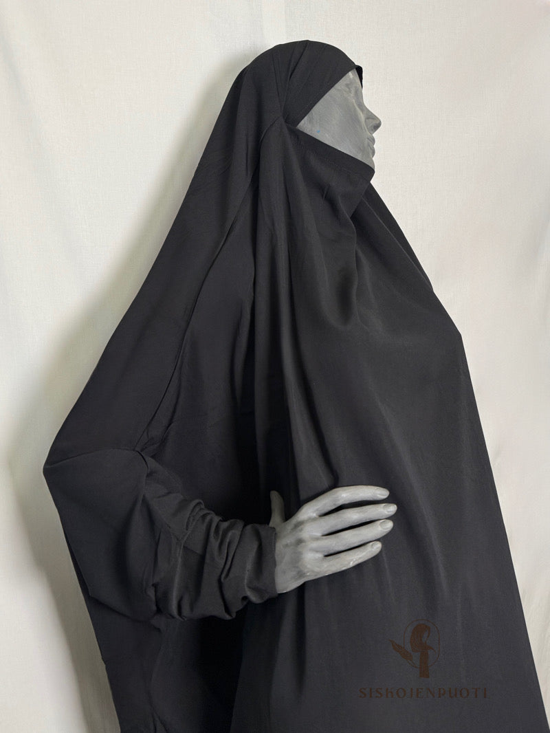 Musta 2-osainen lycra jilbab – peittävä ja mukava hijab musliminaisille, kevyt ja helposti puettava
