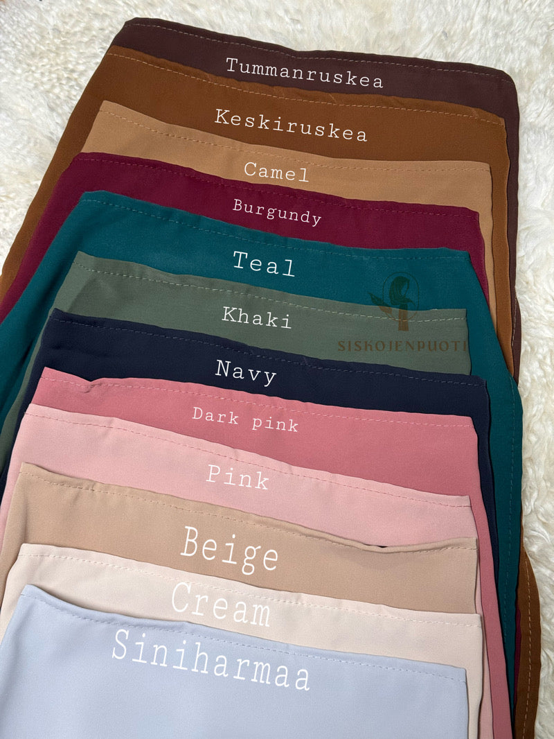 Puoli niqab Tummanruskea, keskiruskea, camel, burgundi, teal, khaki, navy, dark pink, pink, beige, cream, siniharmaa, valkoinen ja taupe-medina silk -kankaasta, kevyt ja hengittävä, kuminauhakiinnitys, musliminaisille, suomalainen verkkokauppa