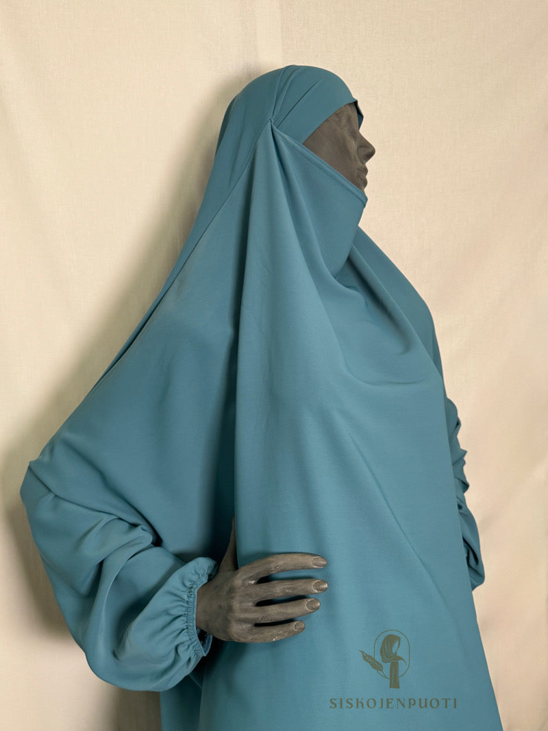 Teal 2-osainen jilbab medinasilkistä – pehmeä ja tyylikäs hijab musliminaisille, helppo pukea päälle
