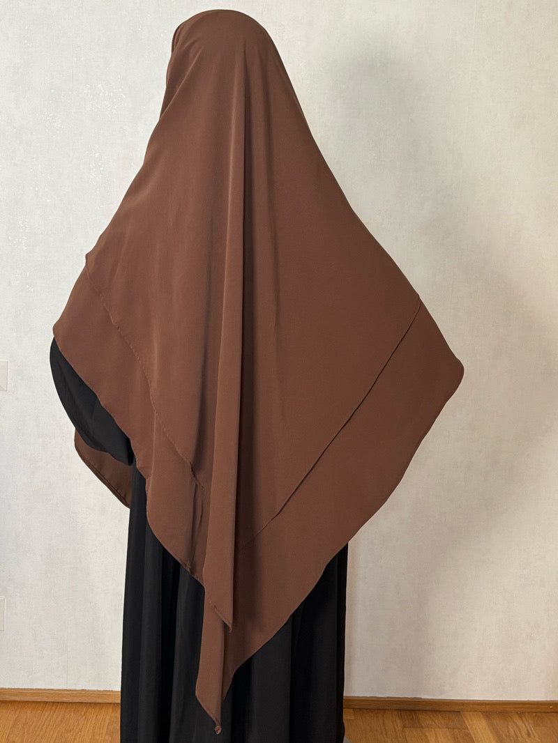 Tummanruskea 2-kerroksinen khimar niqab nauhoilla– napakka ja peittävä hijab musliminaisille