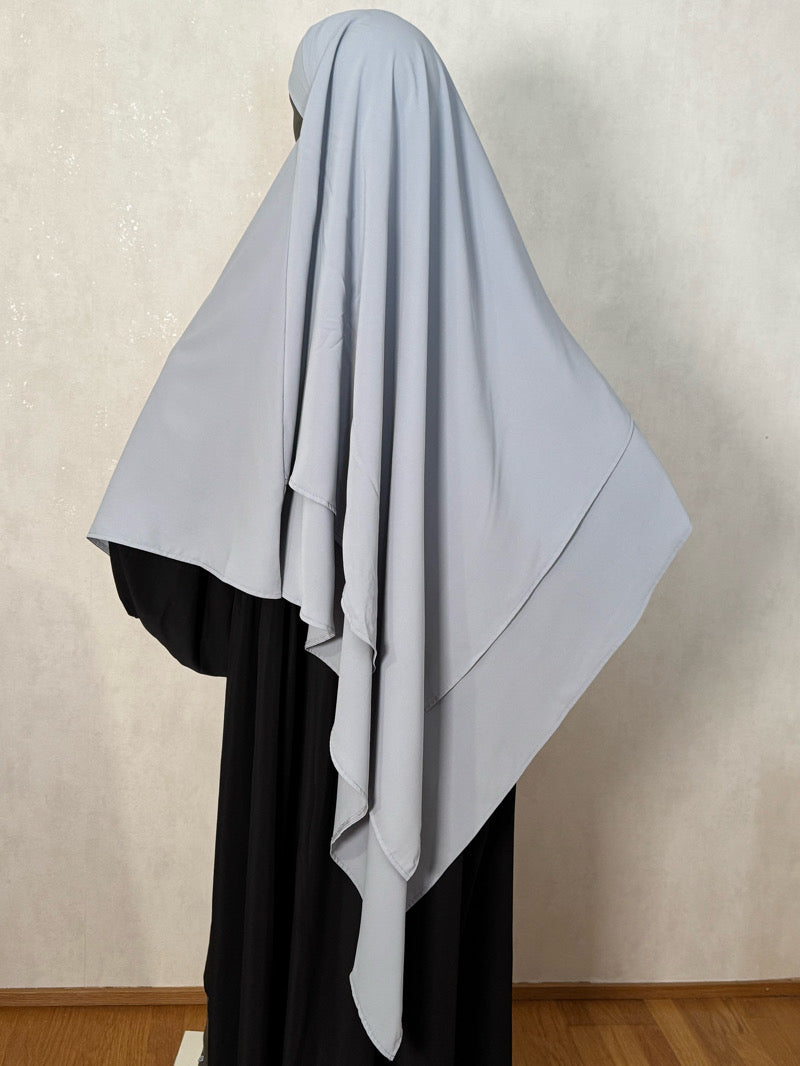 Vaaleanharmaa 2-kerroksinen khimar niqab-nauhoilla – kaksikerroksinen hijab musliminaisille arkeen ja juhlaan