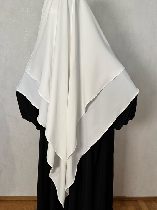 Valkoinen 2-kerroksinen khimar niqab-nauhoilla – peittävä ja napakka hijab musliminaisille